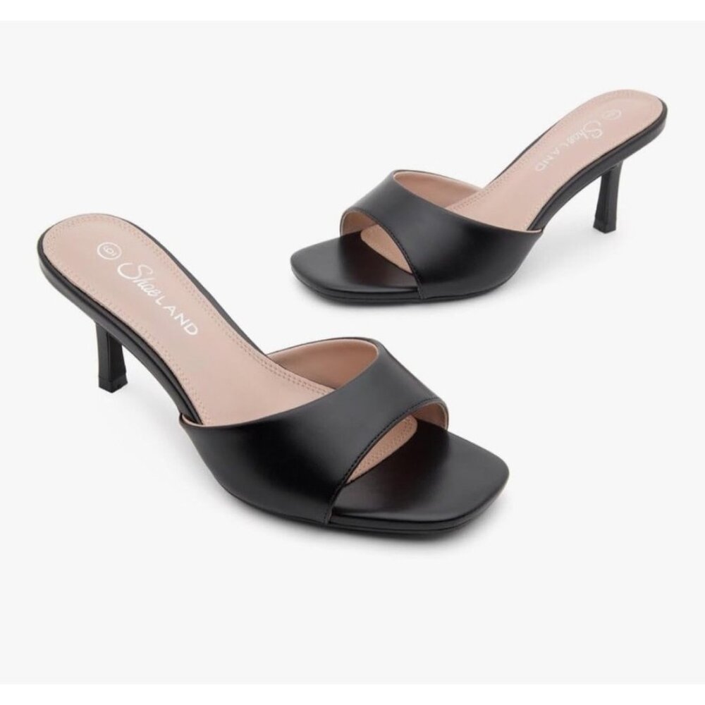 NIB Shoe Land Black Open Toe Slip On Casual Preppy Classic Sandal Stiletto Heels - Picture 2 of 6